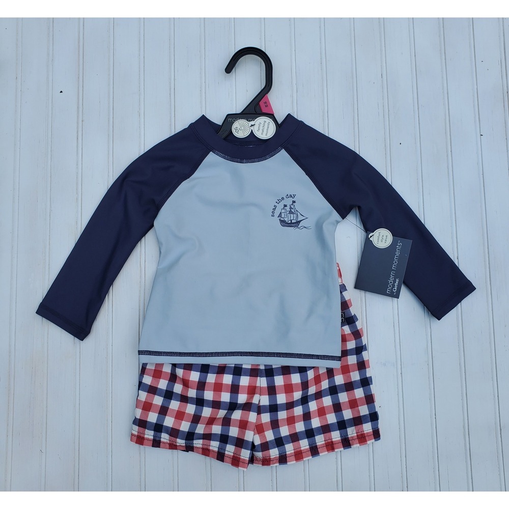 Modern Moments by Gerber Baby Boy Rash Guard and Swim Trunks Set 18M Red Plaid